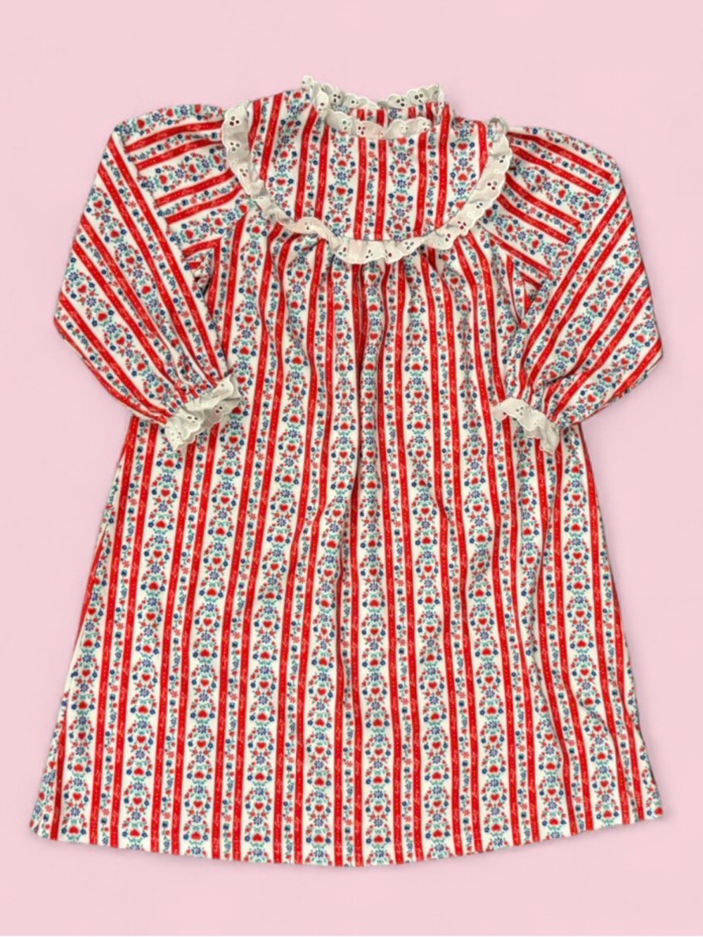 Lanz of Salzburg Tyrolean Hearts Red & Blue Floral Stripe Nightgown Girls 4T